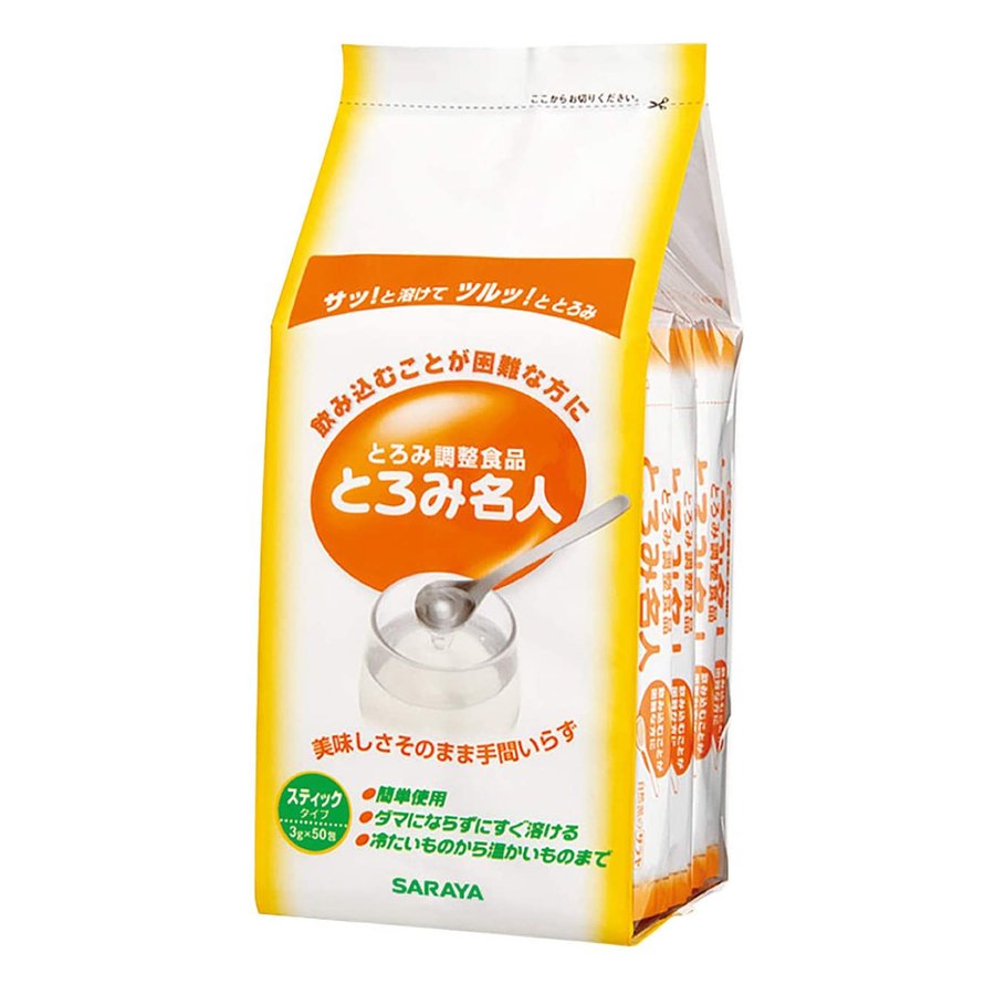 商　　品　　特　　徴 飲むことが困難な方に、食事本来の楽しみをサポート するとろみ調整食品。サッと溶かして混ぜるだけで とろみがつく。 無色透明・無味無臭。 容量 3g　x　50包 メーカー名 サラヤ株式会社