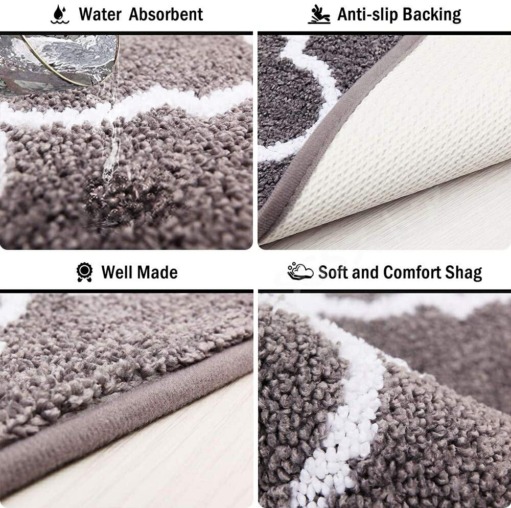 ※SS期間最大64%OFF/マイクロファイバーモロッコ格子柄 滑り止め ソフトキッチンマット バスラグ ドアマット ランナーカーペットセット 2枚 17"x48"+17"x24" グレー