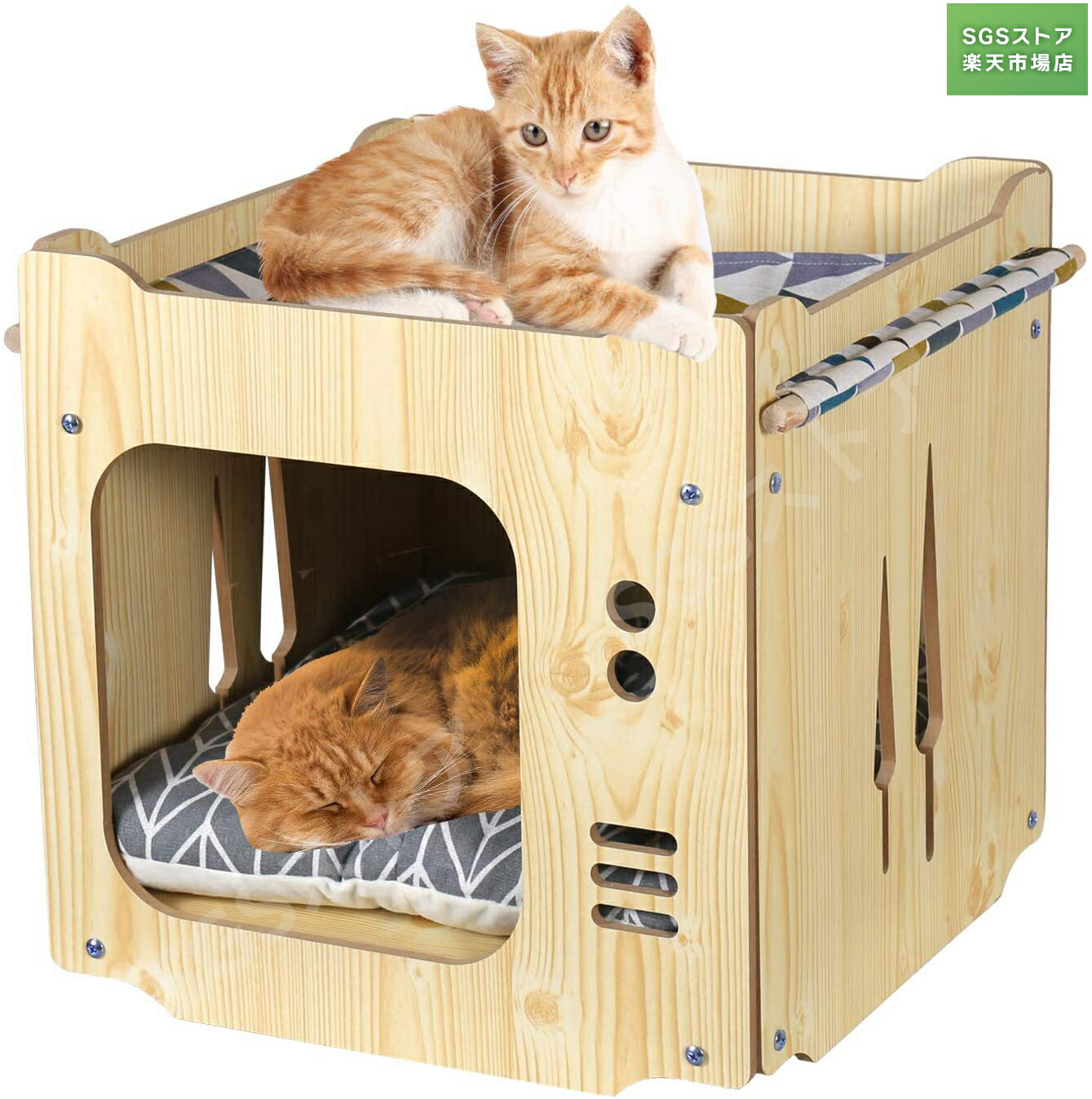 ペットベッド キャットハウス ボックスハウス クッションマット付き ハンモック 2階猫用 ケージ ドーム..