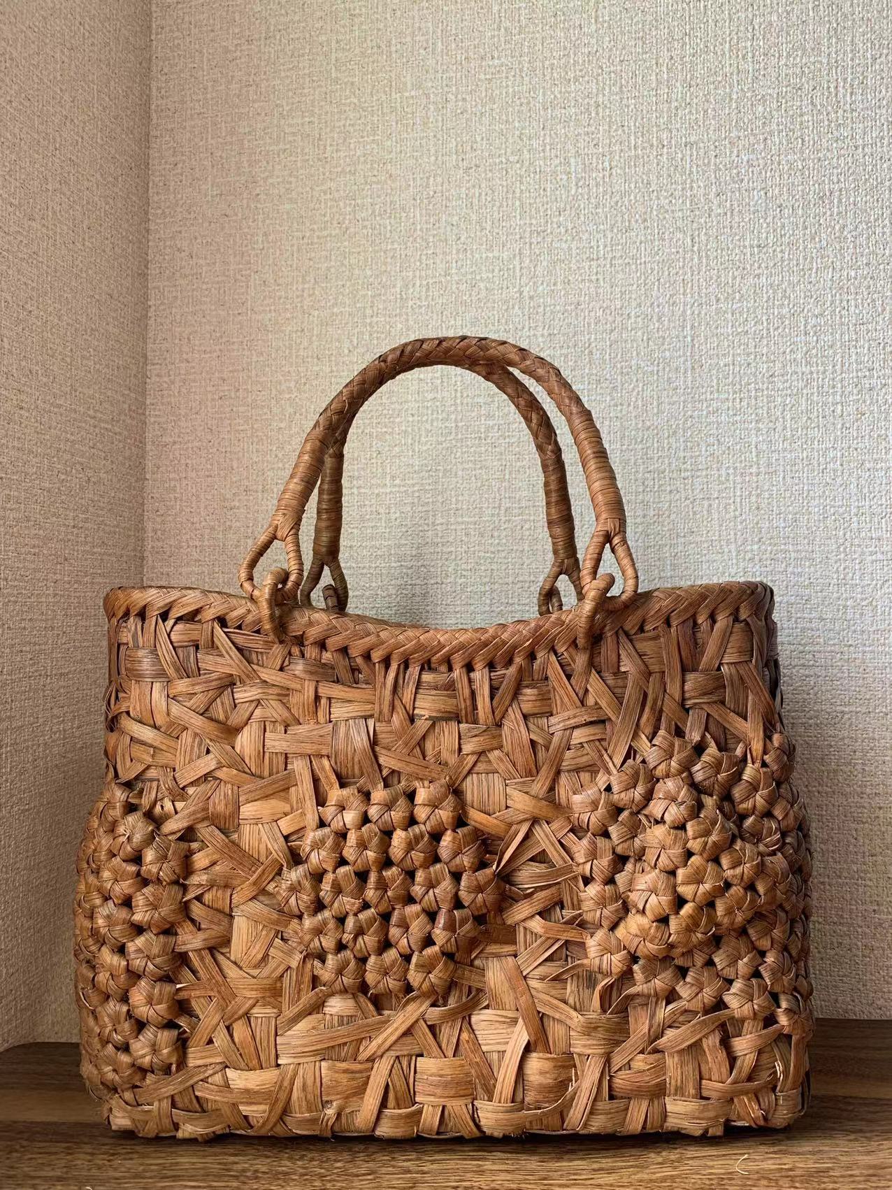 山葡萄 山葡萄かごバッグ 手作り 山葡萄籠バッグ 乱れ編み・花編み (約)幅31.5×本体高さ24.5×マチ13cm