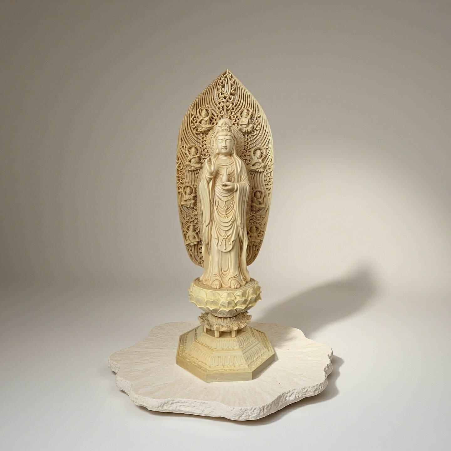 仏像 木彫り 観音菩薩像 檜木 木彫 仏具 (約)高43cm×幅14cm×奥行14cm