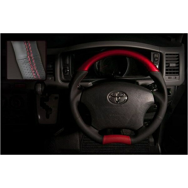 レアル（REAL）　パールレッドステアリング　レッド×ブラックユーロステッチ　200系ハイエース1～3型