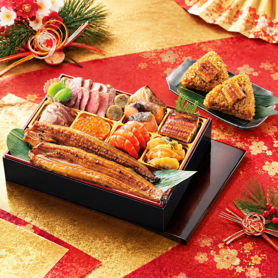 国産の鰻蒲焼を中心に鰻料理、海鮮料理、肉料理が入った贅沢な御膳となります。特典でうなぎ御結びが入っていて、食べて大満足。丑の日やハレの日にお勧めです。商品は24時間冷蔵解凍して頂き、うなぎ蒲焼とうなぎ御結びは電子レンジで温めて喫食となります。商品内容としては海鮮系からは太刀魚八幡巻、サーモンの西京焼、鰻料理の鰻柳川しんじょう、人気のスモークサーモンのいくら添えに加え、肉系ではローストビーフブロックに合鴨ワインソース仕立てとこだわりの料理を盛り込み、メインに九州産うなぎ蒲焼が2尾入っていて、特典でうなぎ御結び×2と内容盛沢山となっております。●重箱サイズ＝約25.7×19.6×5.3cm（一段7.9cm）●ローストビーフ、太刀魚八幡巻、若桃甘露煮、サーモン西京焼、鰻の柳川しんじょう、合鴨ワインソース仕立て、ローズスモークサーモンいくら添え、海老スモーク風味、すずきの南蛮漬け、九州産うなぎ蒲焼（真空）100g×2、うなぎ御結び×2●約2人前●限定数●箱サイズ:26.5×20.1×13.5cm●箱重量:900g●温度帯区分:冷凍●アレルゲン:卵、乳成分、小麦、えび、かに、いくら、牛肉、さけ、さば、大豆、豚肉、もも、ごま※おせち料理は数量限定のため、品切れの際はご了承ください。のし・包装のご指定は承っておりません。 ※離島（伊豆諸島・小笠原諸島）など、一部お届けできない地域がございます。 ※天候等の影響により、配達日時が変更となる場合がございます。 ※諸事情により、献立内容の変更または製造中止となる場合がございます。 ※ご注文後のキャンセル・内容変更はお受けできません。予めご了承ください。 【お願い】ご注文時のお届け先と異なる住所へ転送が必要となった場合、別途送料が発生する場合がございます。ご注文時には正確なお届け先住所の記載をお願いいたします。※販売締切日までに、楽天ペイ前払い決済の入金確認ができない場合、クレジットカードのオーソリNGが解消されない場合、または後払い審査が完了しない場合、ご注文をキャンセルさせていただきます。予めご了承ください。2027年 おせち 予約 早割 早期予約 早割特典 送料無料 おせち通販 お正月 お年賀 年越し 新春 和風 洋風 中華 和洋折衷 和洋中 一人前 一人用 少人数 二人前 二人用 家族向け 大人数 大容量 個食 オードブル パーティー 高級おせち 有名店 料亭 ホテル監修 老舗 人気店 お取り寄せ 冷凍おせち 冷蔵おせち 盛り付け済み 食べきりサイズ 個包装 おひとりさま おもてなし ギフト プレゼント 贈答用 数の子 黒豆 伊達巻 栗きんとん 紅白なます 海老 鰤 鯛 昆布巻き 筑前煮 田作り たたきごぼう ローストビーフ カニ いくら あわび うなぎ 和牛 国産食材 無添加 保存料不使用 アレルギー対応 低糖質 健康志向 子ども向け 伝統 創作 新作 最新トレンド 人気ランキング おすすめ 口コミ レビュー おせち料理 正月料理 おせちの意味 由来 子孫繁栄 健康長寿 金運 出世 家内安全 開運おせち 家族団らん 自宅用 実家用 帰省土産 持ち寄り 和菓子 スイーツ 詰合せ お正月料理セット 12月29日 12月30日配送