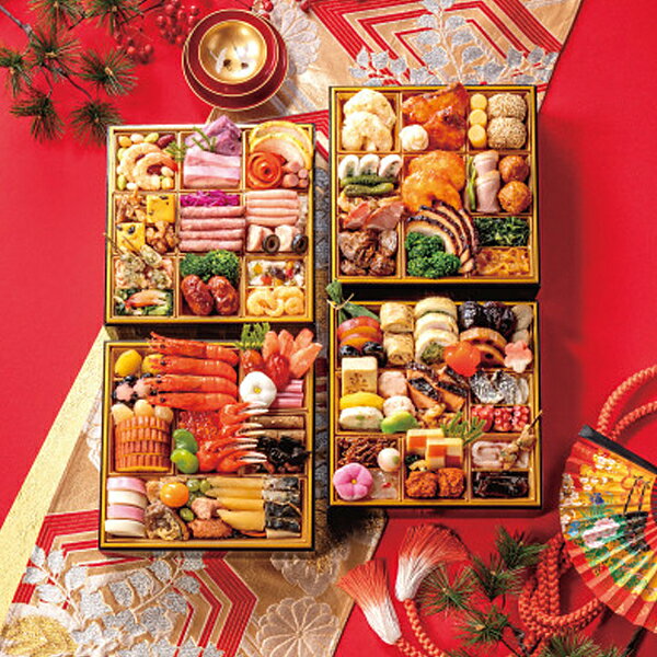 12月18日まで 早割 2,000円OFF おせち 2027 百品目 和洋中おせち 百福 四段重 シャディオリジナル 100品目 約4人前 和洋中 盛付済 限定数 黒豆 栗甘露煮 伊達巻 海老入り 化粧箱入り 冷凍 送料無料 shaddy-10422662 ギフトのお店 シャディ 楽天市場店 パッケージ画像