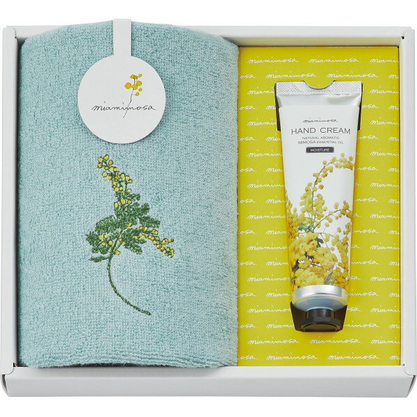 ミアミモザ 今治ハンドタオル＆ハンドクリーム グリーン お返し 内祝い 出産 結婚 挨拶 手土産 退職 祝い プレゼント 引越し 新築 御挨拶 粗品 快気祝い お見舞い返し 全快祝い 御礼 お礼 母の日 定年 異動 卒業 お祝い