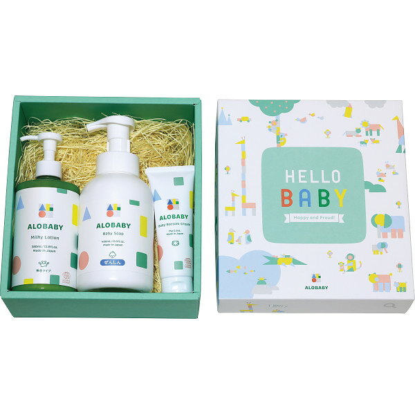 ベビーケアセット ALOBABY アロベビー ミルクローション 380ml ベビーソープ 400ml ボトムクリーム 75g 各1 ベビー用品 セット内容 ギフト 出産祝い 赤ちゃん 保湿 化粧水 ソープ ケア用品 ボディケア 箱入り 贈り物 ギフト プレゼント