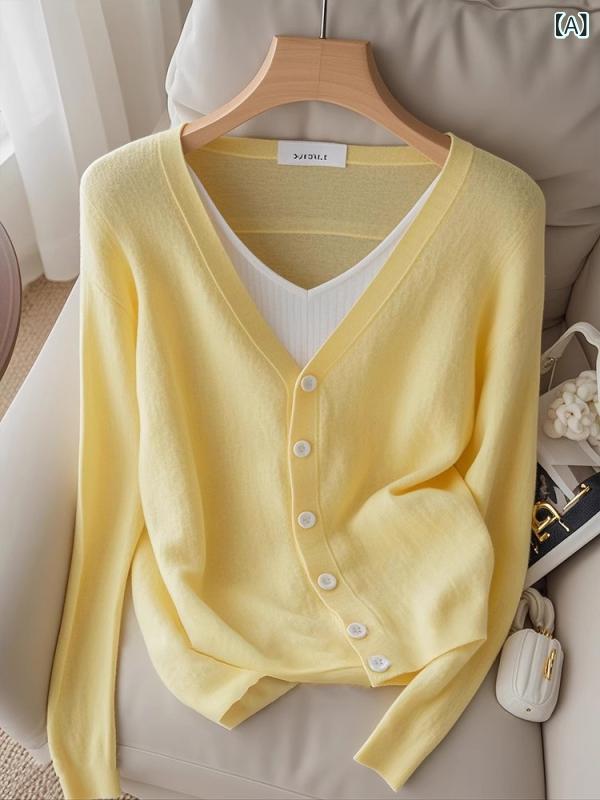 ニット・セーター レディース 秋冬 Vネック 黄色 ドッキング風 ウール混 暖か ゆったり 長袖 トップス ..