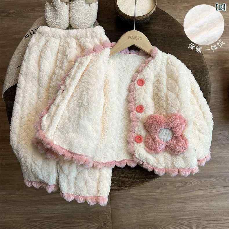 子供用パジャマ 女児 秋冬 珊瑚フリース 厚手 保温 ルームウェア 綿 かわいい 小花...