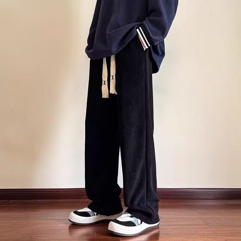 パンツ メンズ 秋冬 コーデュロイパンツ ワイドレッグ ストレート 伸縮性 ウエストゴム リラックス イージーパンツ 普段使い ルームウェア 黒 グレー カーキ