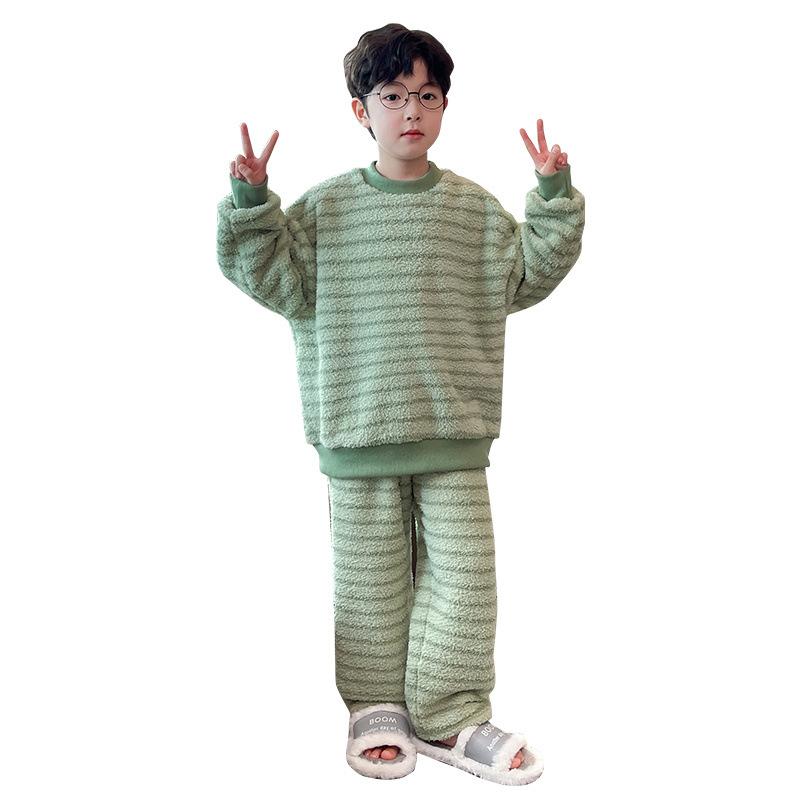 子供用パジャマ 秋冬 男の子 厚手 フリース 部屋着 ボーイズ キッズ ストライプ柄 ポリエステル あった..