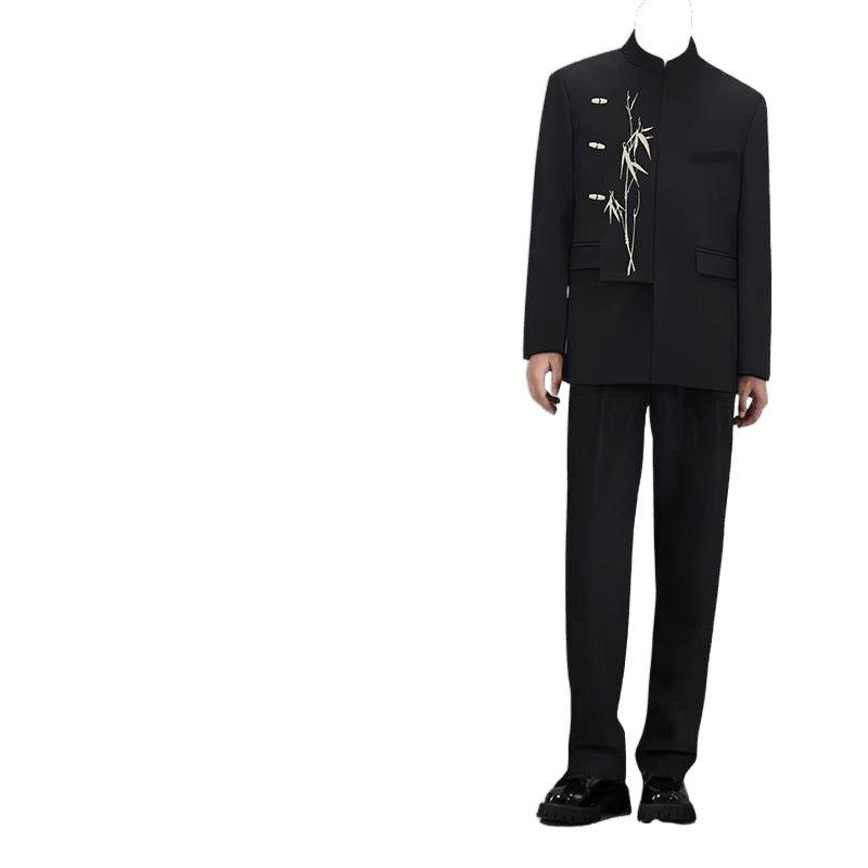 メンズスーツ 唐装 中山装 結婚式 新郎 衣装 新中式 レトロ 立襟 刺繍 ブラック コーデュロイ スリム 春