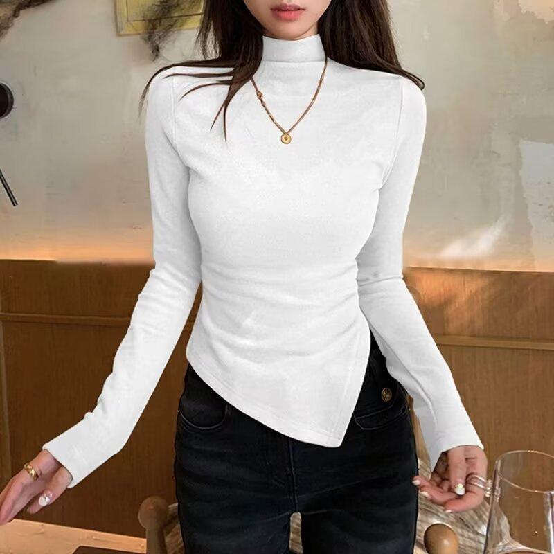 Rakuten - Tシャツ レディース 秋冬 再生繊維 半高ネック 長袖 スリムフィット インナー トップス 無地 黒 白 グレー