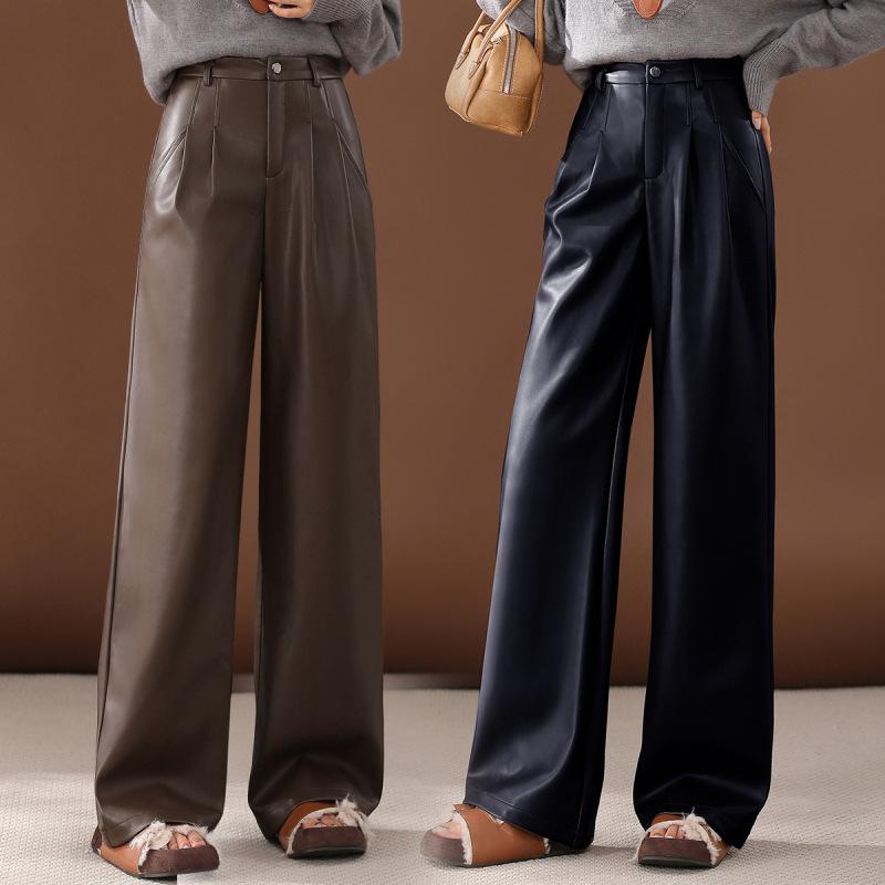 Pants - レザーパンツ レディース 高見え ワイドレッグパンツ 秋冬 ロング丈 スタイルアップ ストレートパンツ ハイウエスト 細見え 通勤 きれいめ カジュアルパンツ 黒 ブラック 茶色 ブラウン ポケット付き 羊革 ラムレザー 伸縮性 微ストレッチ