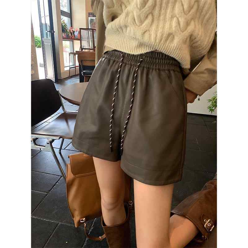 ショートパンツ レディース 秋冬 韓国風 ハイウエスト ドローストリング ゆったり ワイドレッグ PUレザー フェイクレザー 合皮 ポケッ..
