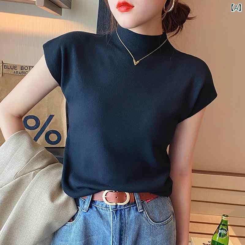 Other - Tシャツ レディース 大きいサイズ 半袖 ニット トップス インナー 重ね着 ハイネック 接触冷感 薄手 無地 きれいめ フェミニン オフィスカジュアル 通勤 ブラック 黒 ベージュ ブラウン