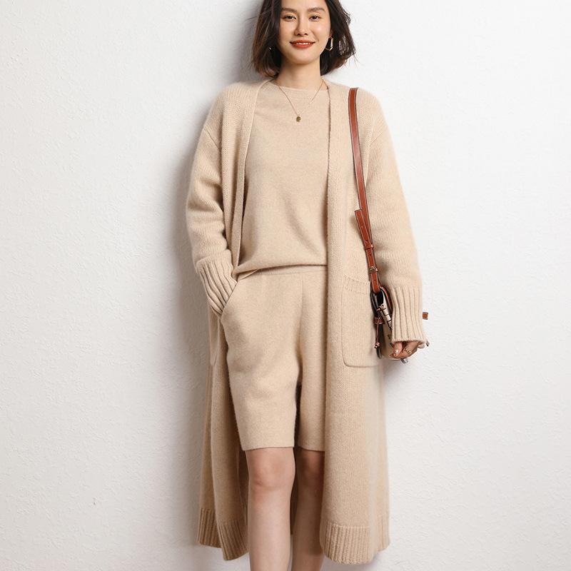 ニット カーディガン レディース 秋冬 ヤクウール ロング丈 ドロップショルダー 無地 ゆったり オーバーサイズ Vネック 青 紫 白 赤 中国 通勤 オフィス カジュアル