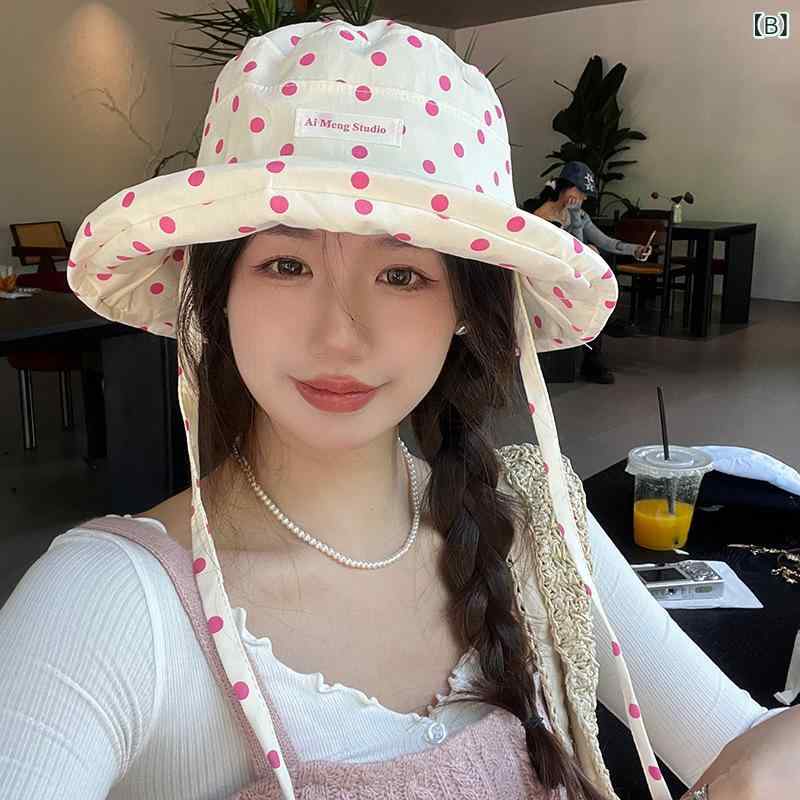 漁夫帽 レディース ポルカドット 学生 夏 旅行 広檐 遮陽 防晒 保暖 防風 丸頂 短...
