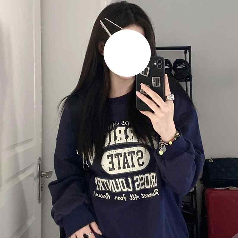 Other - トレーナー レディース 秋冬 デザイン プリント 厚手 ゆったり 長袖 トップス 紺色 ネイビー プルオーバー ラウンドネック 部屋着 ワンマイルウェア カジュアル