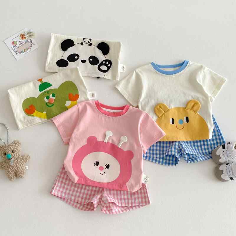 キッズ 半袖Tシャツ 短パン 上下セット 薄手 子供服 春夏 男の子 女の子 かわいい 格子柄 海洋ブルー ピーチ ブラック パンダ 牛乳アボカド 73 80 90 100 110 120