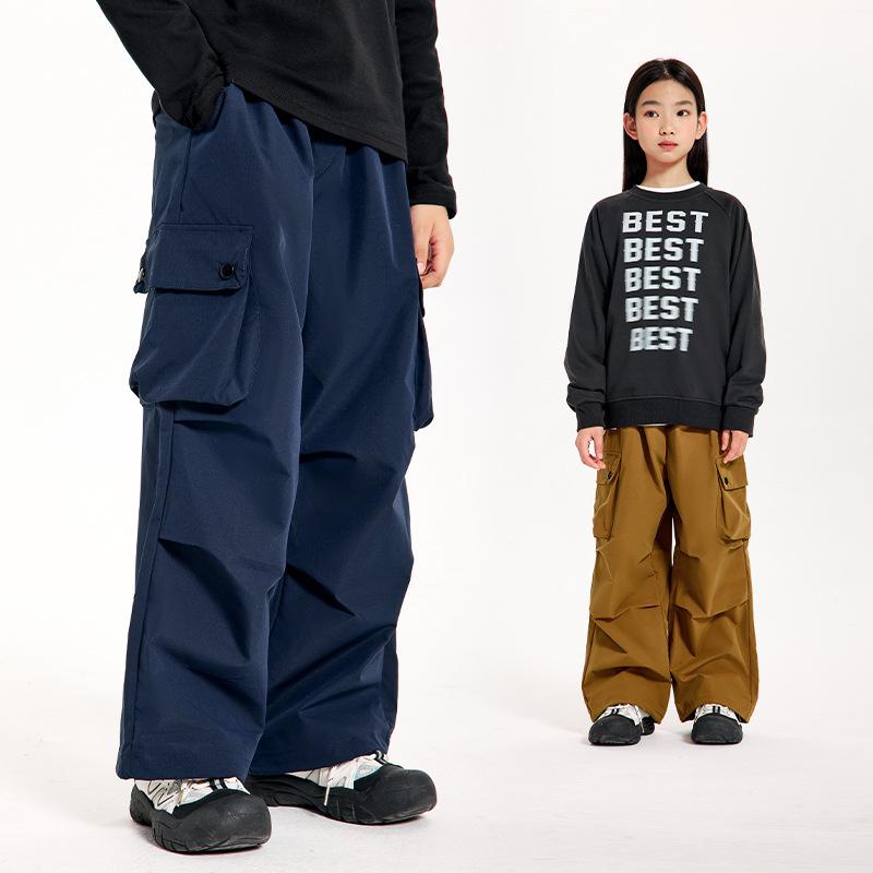 キッズ ワークパンツ カーゴパンツ ロングパンツ 男の子 女の子 子供 中大童 薄手 ゆったり 普段着 アウトドア 深カーキ色 紺色 ポリエステル