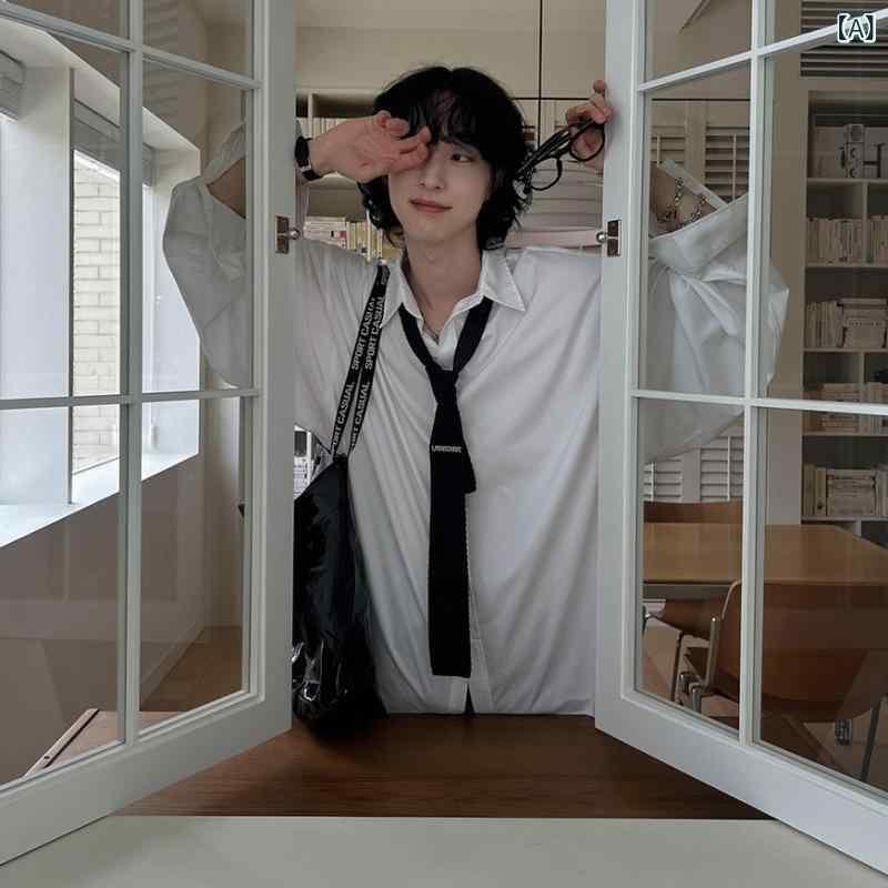 Rakuten - シャツ メンズ 長袖 ルーズ カジュアルシャツ 韓国風 DK制服 トップス 普段使い ポリエステル 混紡 ホワイト ブルー