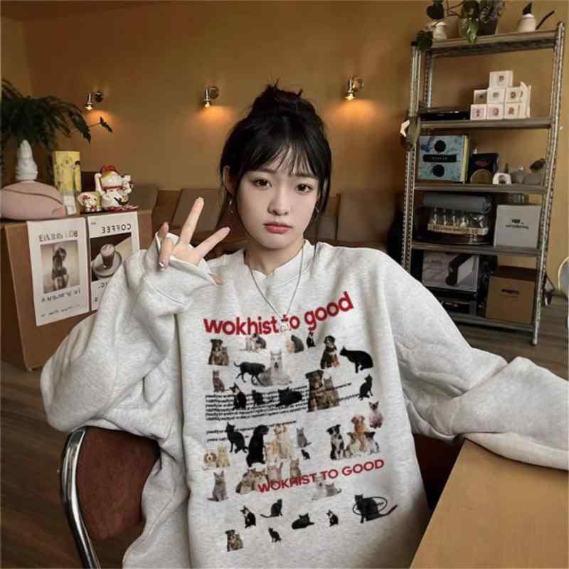 トレーナー レディース 秋冬 猫 犬 プリント グレー 丸首 ゆったり トップス 韓国風 カジュアル かわいい M L XL XXL