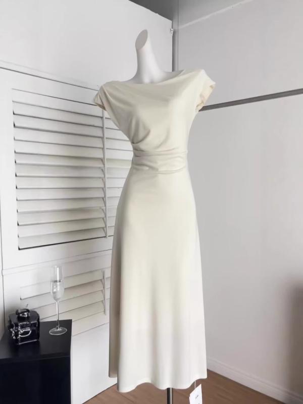 ワンピース レディース 知的 エレガント Aライン 高見え ポリエステル 無地 半袖 ロング丈 ミドル丈 ブラック ブルー ベージュ 春夏