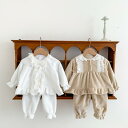子供用 寝巻き:女の赤ちゃん レース フランネル プリンセス ホームウェア 2点セット 厚手 コットン 秋冬 白 カキ色 66cm 73cm 80cm 90cm...