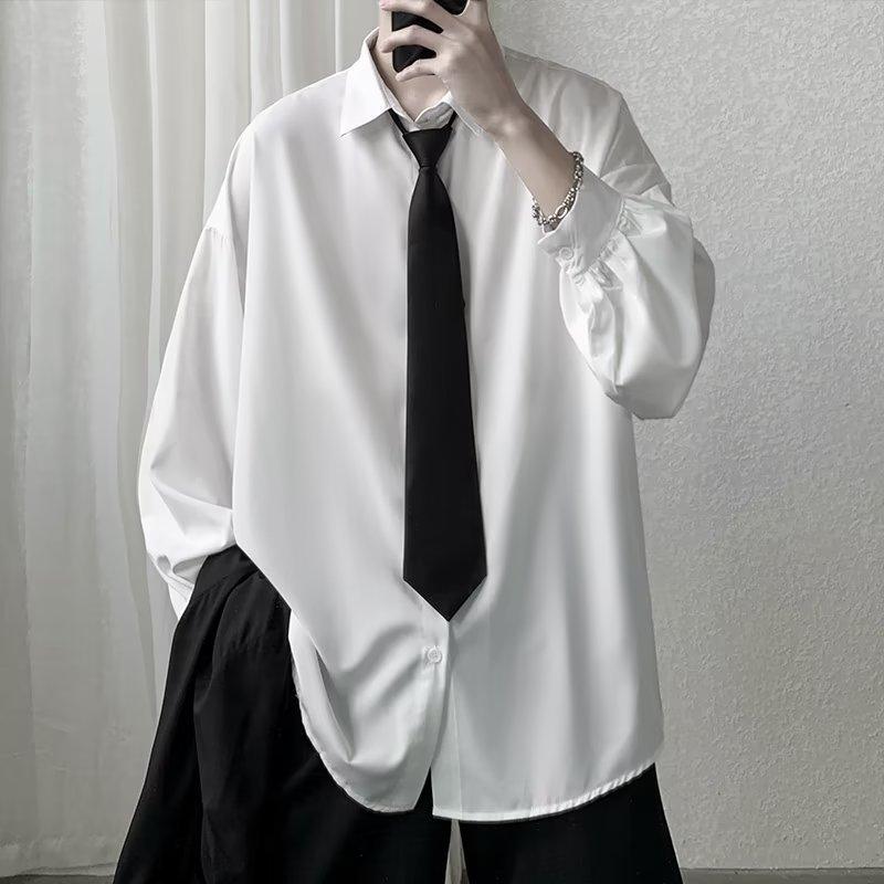 シャツ メンズ 長袖 ポリエステル 繊維 快適 学院風 カジュアル ゆったり 無地 黒 白 形状記憶