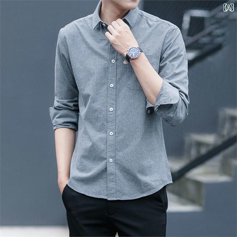 シャツ メンズ 男性用 長袖 トップス 綿混紡 ビジネス 通勤 無地 ポケット付き グレー ホワイト ブラック ブルー 4シーズン