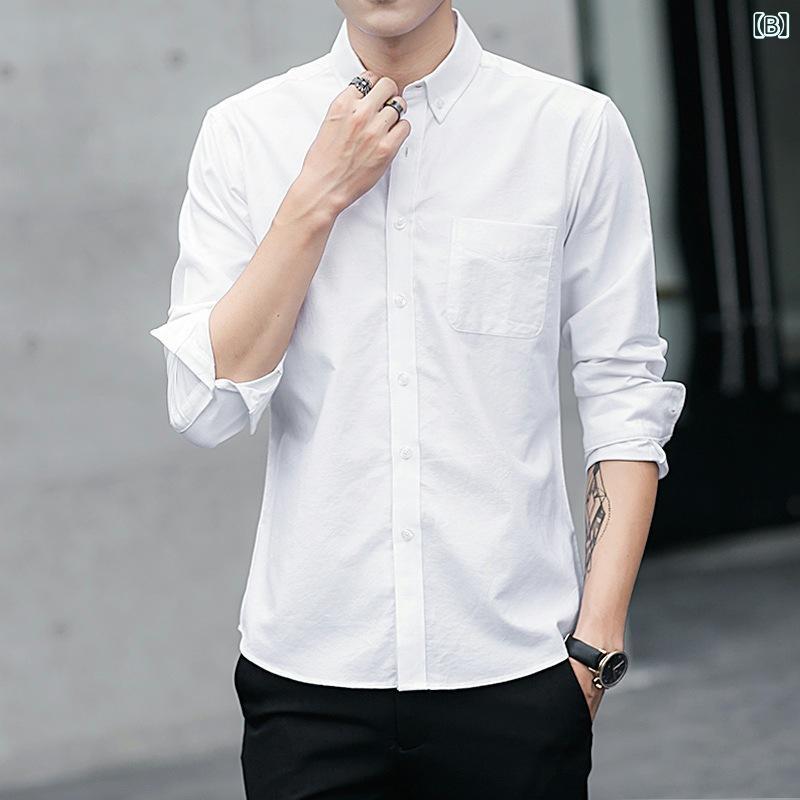 シャツ メンズ 男性用 長袖 トップス 綿混紡 ビジネス 通勤 無地 ポケット付き グレー ホワイト ブラック ブルー 4シーズン