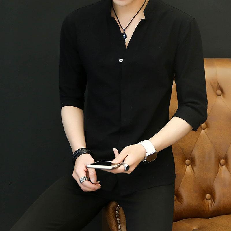 シャツ メンズ 男性用 亜麻 リネン 立襟 半袖 トップス 韓国風 スリム おしゃれ 7分袖 白シャツ 黒 青 普段使い スポーツ レジャー