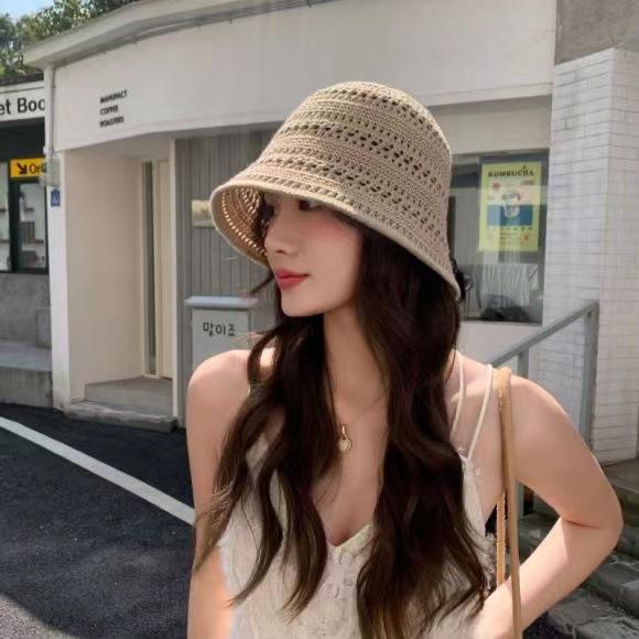 レディース ニット 透かし編み フィッシャーマンズ 帽子 春夏 秋 通気性 防紫外線 UVカット 遮光 バケットハット ラウンドトップ 無つば 白色 黒 ベージュ シンプル ミニマム キャジュアル ファッション OL ヨーロッパ アメリカ 軽量 腈纶 刺