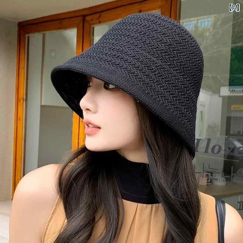 Hat - 水桶帽 レディース 春夏 外出 防晒 韓国風 ファッション 遮陽帽 顔周りすっきり 日系 ベーシック 女性用 漁夫帽 黒 キャメル ミルクホワイト ニット素材 透気 防風 丸頂 大つば 均一サイズ 折りたたみ不可 調整不可 ファッション 通勤スタイル