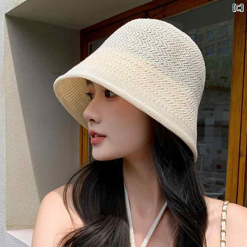 シャドーテールの水桶帽 レディース 春夏 外出 防晒 韓国風 ファッション 遮陽帽 顔周りすっきり 日系 ベーシック 女性用 漁夫帽 黒 キャメル ミルクホワイト ニット素材 透気 防風 丸頂 大つば 均一サイズ 折りたたみ不可 調整不可 ファッション 通勤スタイル｜アングル3