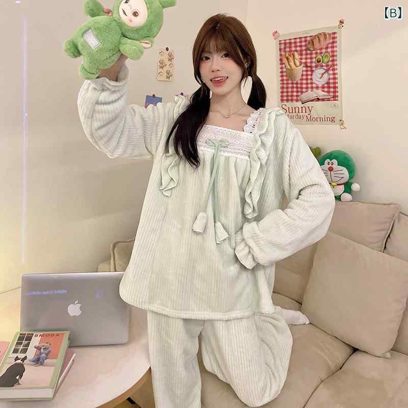 パジャマ レディース ガールズ 親子 暖か コーラル フリース 上下セット 冬 角襟 レース プリンセス風 子供 女の子 ルームウェア 厚手 ポリエステル 部屋着 保温 秋 冬