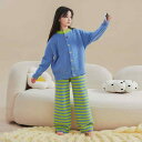 子供用ルームウェア 秋冬 女児用ニットカーディガン ストライプ柄パジャマ 上下セット 暖か 厚手 ポリエステル100% 韓国風 130cm 140cm 150c...