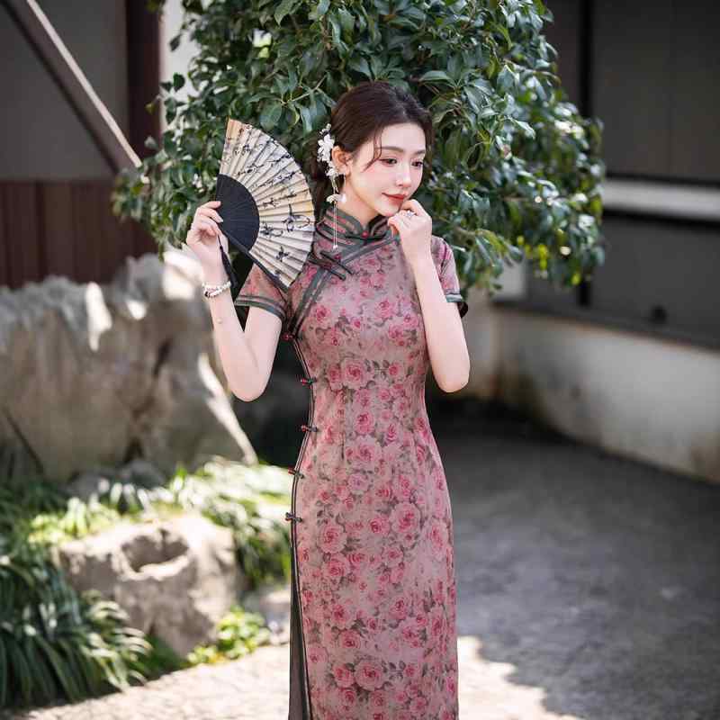 チャイナドレス レディース 春夏 レトロ フラワープリント ショートスリーブ ロング丈ワンピース 改良型 普段使い 若い世代向け エレガント ポリエステル 3D 立体柄 M L XL XXL XXXL XXXXL