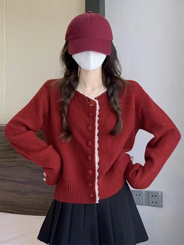 ニットカーディガン レディース 春 かわいい レース 襟付き 丸首 長袖 ショート丈 30代 40代 薄手 羽織り カジュアル きれいめ イエロ..