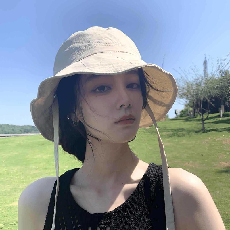 Hat - 女性用 漁夫帽 春夏 バケットハット かわいい 蝶結び デザイン 大檐 透気性 速乾 素材 防晒 帽子 米白 黒 抹茶緑 顔周り スッキリ 見せ インスピレーション 風 スタイル 遮陽 太陽 米白 黒 抹茶緑