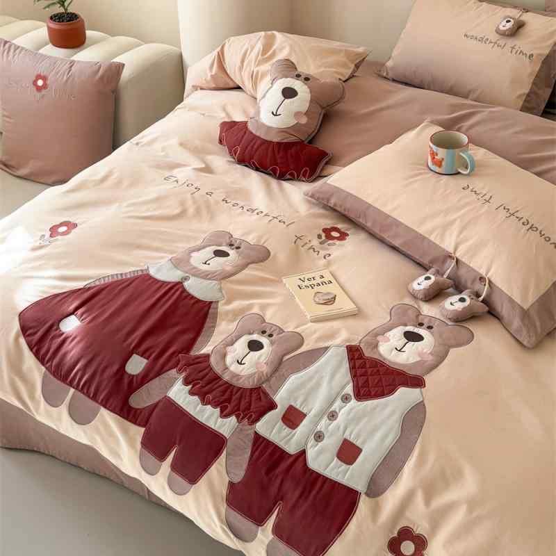寝具 子供用 布団カバー ベッドシーツ 3点セット 水洗綿 全綿 かわいい 小熊 刺繍