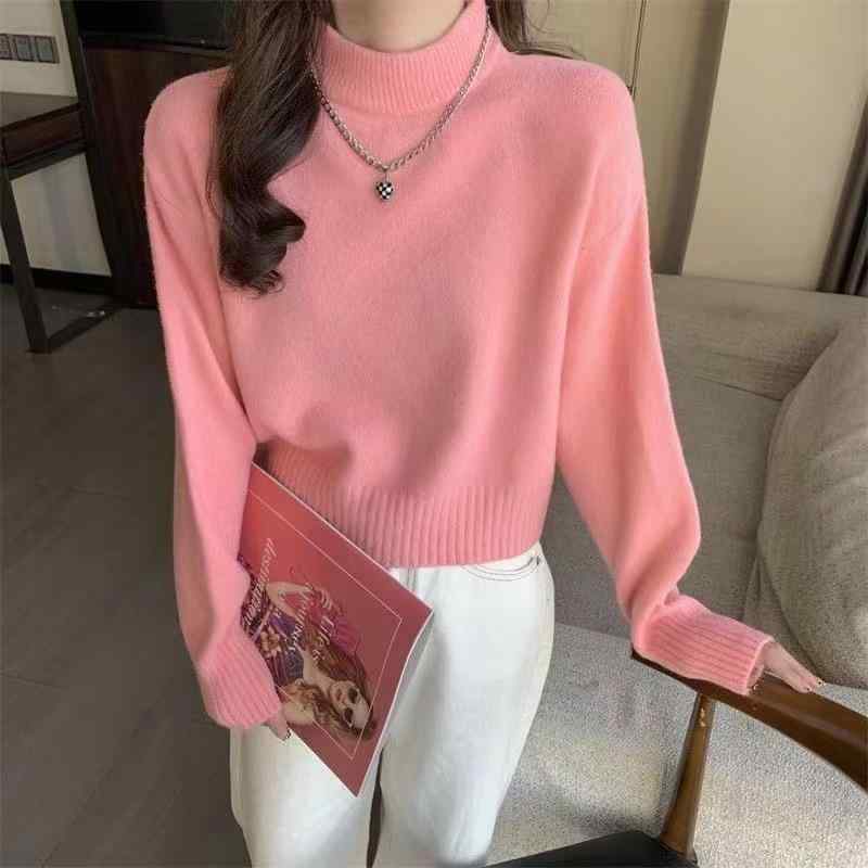 ニット レディース 秋冬 韓国風 長袖 トップス プルオーバー ふんわり やわらか 短め丈 ゆったり オフネック オフタートルネック 無地 ..