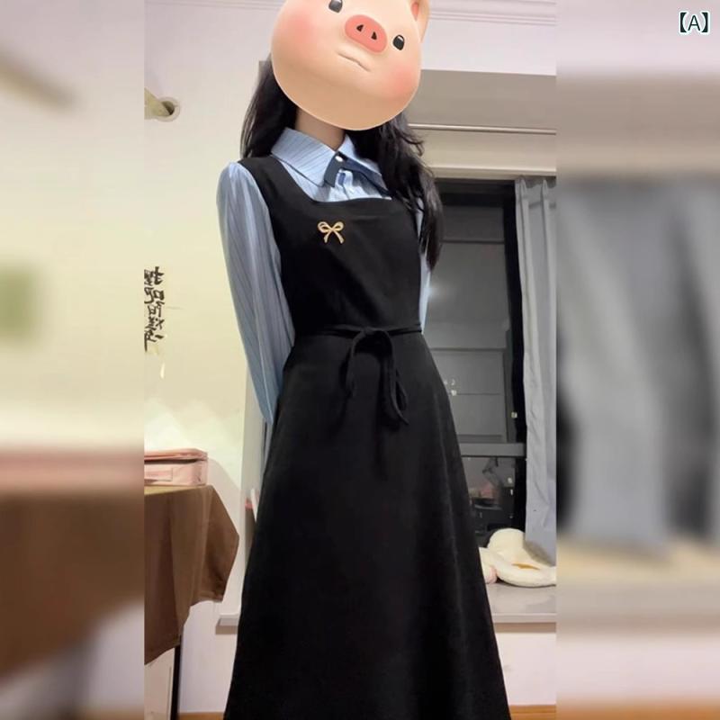 ワンピース レディース 春 長袖 韓国風 学院風 きれいめ フェミニン Aライン 膝丈 ブラック ポリエステル