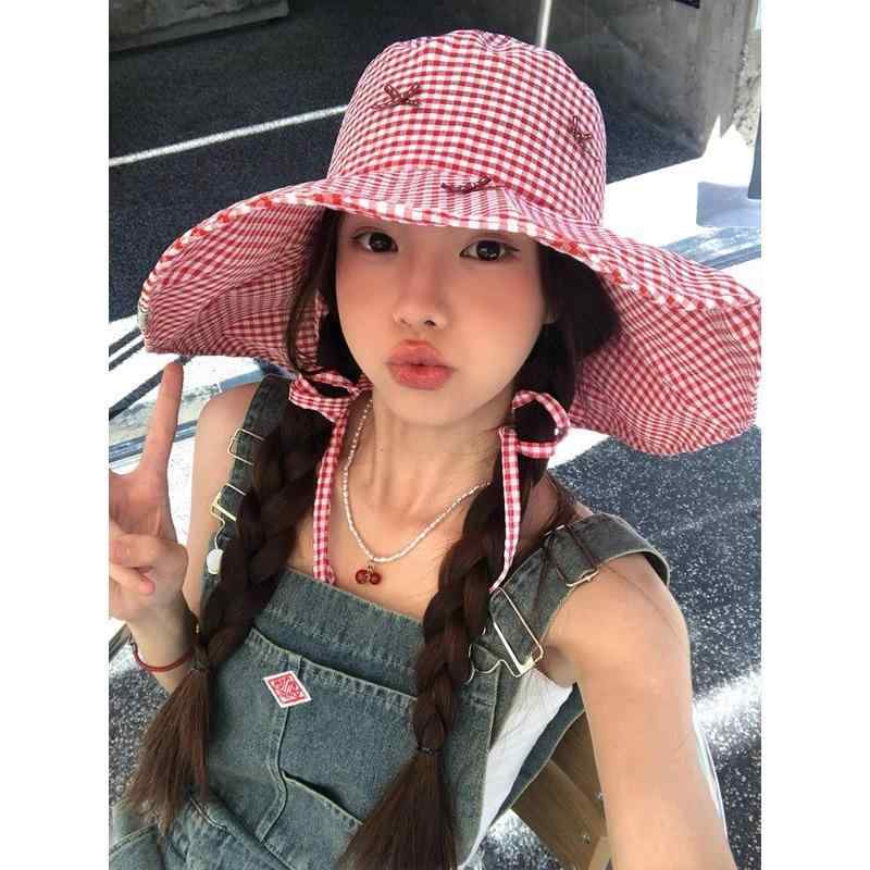 Hat - 帽子 女子用 夏用 麦わら帽子 蝶結び 漁夫帽 清新 かわいい 大つば 遮陽 透気 防風 綿麻 赤 黒 青 春夏