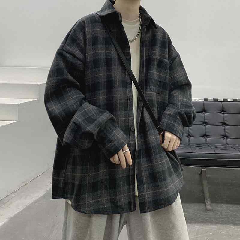 シャツ 男性用 長袖 格子柄 コットン混紡 普段使い 韓国風 ルーズ 紺色 茶色系