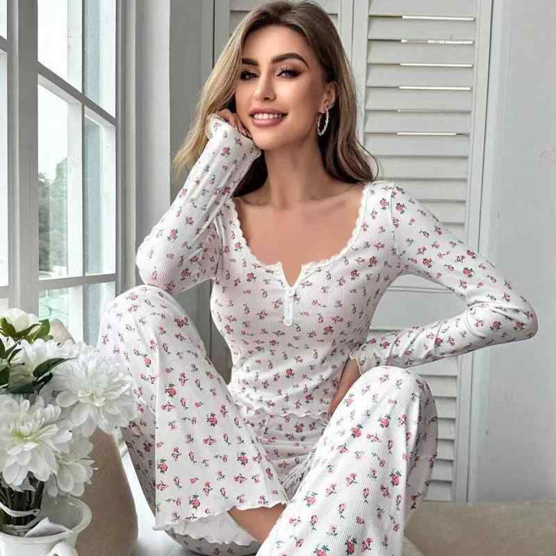 パジャマ レディース ルームウェア セットアップ Vネック 長袖 長ズボン 伸縮性 プリント柄 部屋着 リラックス 春夏秋冬 普段使い ポリエステル ミルクホワイト ピンク系