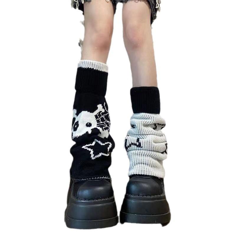 靴下 レディース ソックス レッグウォーマー ニット リブ ボーダー 星柄 レトロ Y2K アクリル 黒 スパイダー 標準