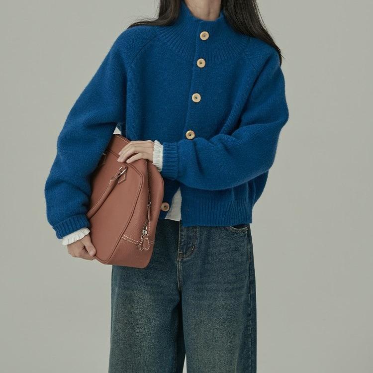 カーディガン レディース 秋冬 ニット コットン ゆったり 長袖 無地 クラインブルー オレンジ 立襟 暖かい 羽織り トップス 通勤 オフィス きれいめ かわいい