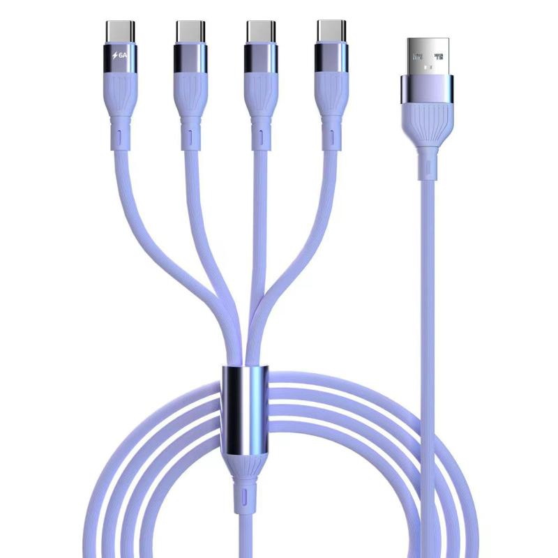 タイプc 4in1 充電ケーブル USB A to Type C 四股 4台同時充電 66W/6A 急速充電ケーブル 4USB Cポート データ転送対応 シリコン製 柔らかい 絡まない 断線防止 iPhone 16シリーズ/iPhone 15シリーズ/M