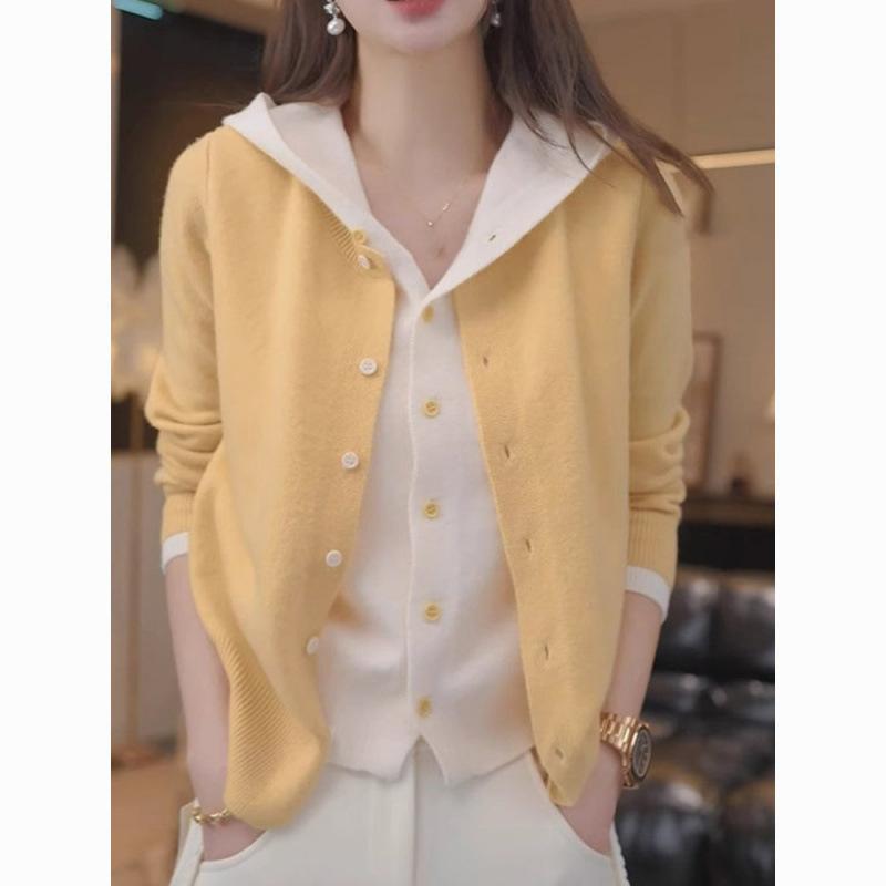 ニット レディース 春秋 長袖 カーディガン パーカー フード付き ゆったり ニット トップス 配色 かわいい 着痩せ 体型カバー 普段使い 韓国ファッション